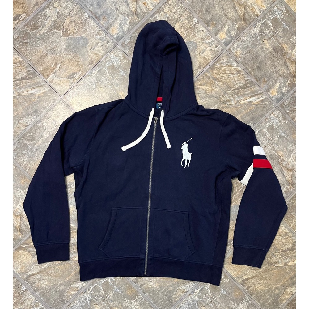 Polo Ralph Lauren Zip Hoodie Mens XXL Navy Blue Big Pony Stripe Sleeve
